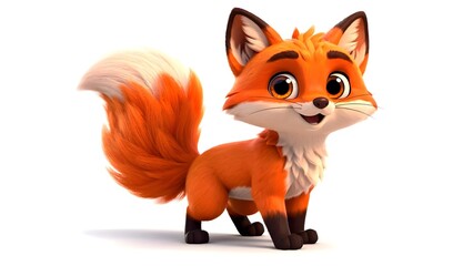 Fototapeta premium Charming cartoon fox with fluffy tail and cheerful expression, isolated on white background, perfect for children's media, branding, and animation projects.