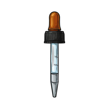 Glass Dropping Pipette With Amber Rubber Squeeze Bulb, Black Ribbed Threaded Cap, Clear Graduated Tapered Tube Marked 0, 0.5ml And 1ml Measurement Lines For Liquid Dosing Vector Illustration