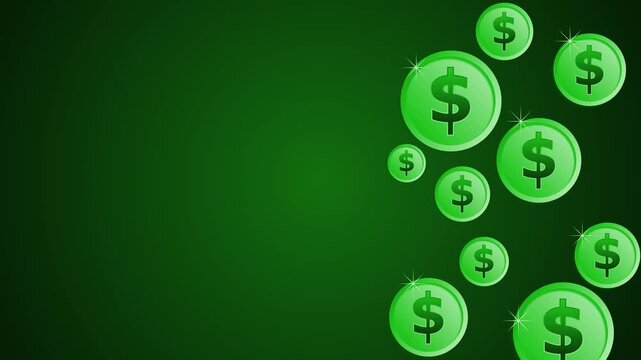 Dark background with coins dollar signs arranged along the right edge animation