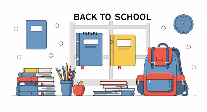A colorful illustration featuring school supplies and books