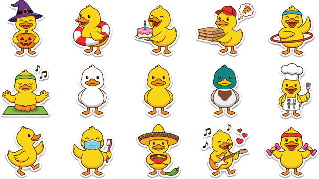 Cute cartoon duck character sticker set with various activities including halloween birthday yoga chef delivery and playing guitar isolated on white background