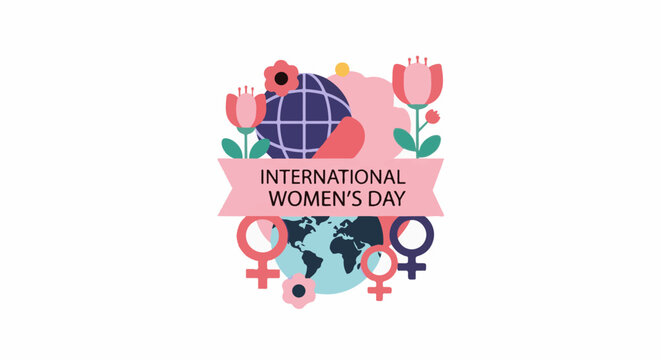 Vibrant International Women's Day graphic with globe, flowers, and symbols