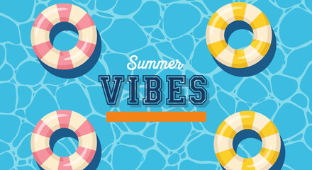 Summer vibes with colorful inflatable rings on blue water background © Ashok