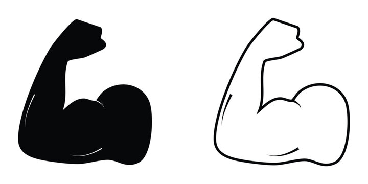 Muscle icon. Bicep symbol. Strong arm vector illustration. Gym logo. Bodybuilding fitness concept. Athlete flexing hand sign. Muscular power pictogram isolated on a white and black background eps 10.