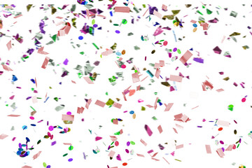 Obraz premium Colorful falling confetti on white background, festive party celebration, vibrant paper pieces