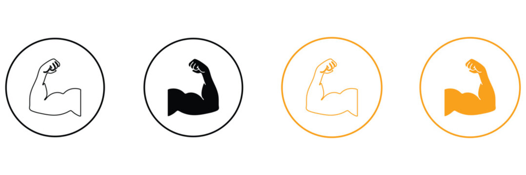 Biceps emoticon of strength. Yellow emoji of strong bicep. Power of protein for man icon. Flex muscle arm. Exercise in gym for health. Logo of fitness, workout, bodybuilder. Strong muscular arms. 