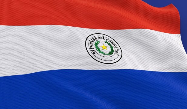 Paraguay flag waving showing national emblem fabric texture