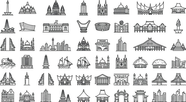 Indonesia Famous Landmarks and Traditional Architecture Minimalist Line Icon Set Featuring Monas Borobudur Temples Mosques and Cultural Buildings for Travel Infographics