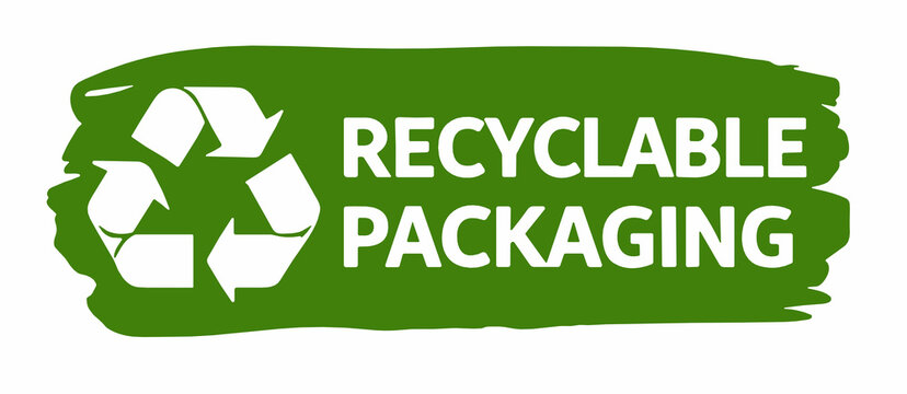 Bold green brushstroke label with recycling arrows icon and Recyclable Packaging text. Eco sticker for sustainable packaging certification, waste reduction and environmental branding.