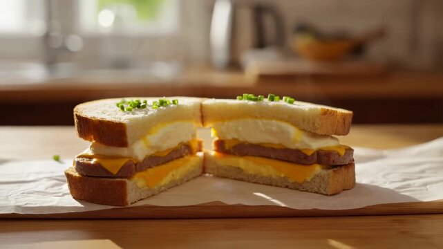 Delicious breakfast sandwich with layers of egg, cheese, and sausage on toasted bread. A perfect start to the day for busy mornings and brunch gatherings