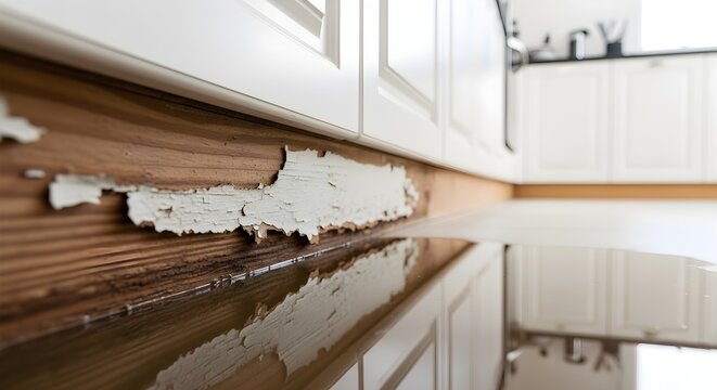 Water Damage on Kitchen Cabinets Caused by Leaking Pipe Requiring Professional Home Repair