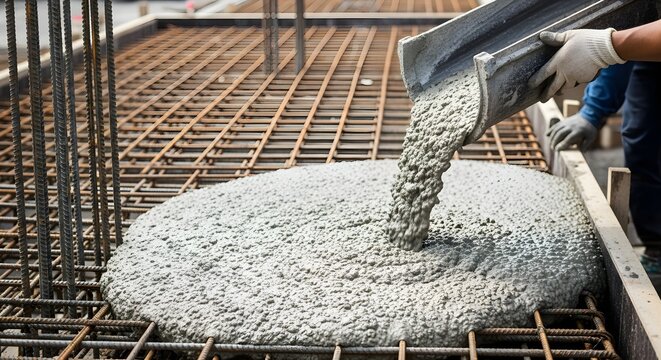 Construction Worker Pouring Wet Concrete onto Reinforced Steel Bars for Building Foundations