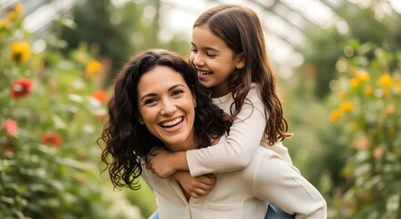 Naklejka premium Joyful Mother Carrying Daughter on Her Back Amidst Vibrant Flowers in a Sunny Green Greenhouse