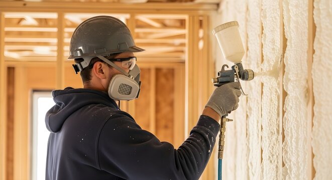 Professional Contractor Applying Spray Foam Insulation to Walls in a New Residential Building Site
