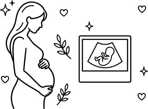 Pregnant woman outline vector illustration with baby ultrasound sonogram image hearts and stars decorative design
