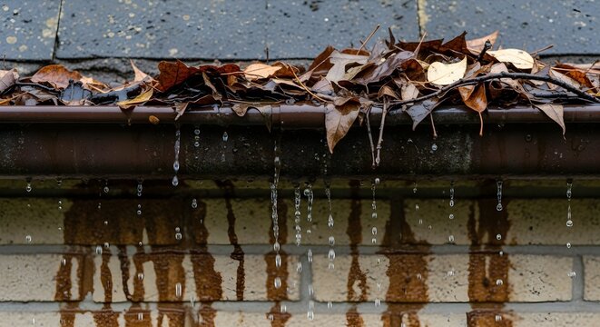 Clogged Rain Gutter Overflowing with Dead Autumn Leaves During a Heavy Fall Rainstorm Period