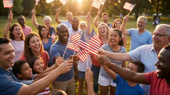 Diverse Community Celebrating 4th of July Together in Park During Summer Holiday Event
