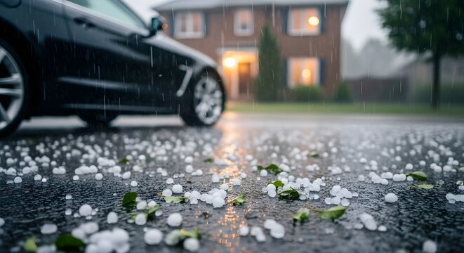 Hailstones Falling on a Residential Street with a Parked Black Car During a Heavy Stormy Weather