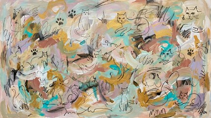 Fototapeta premium Cat Line Art Drawing on an Abstract Colorful Painting Featuring Brushstrokes and Gold Accents Perfect for Creative Backgrounds