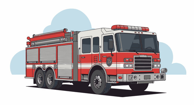 A red and white fire truck with a large silver grill and lights on top