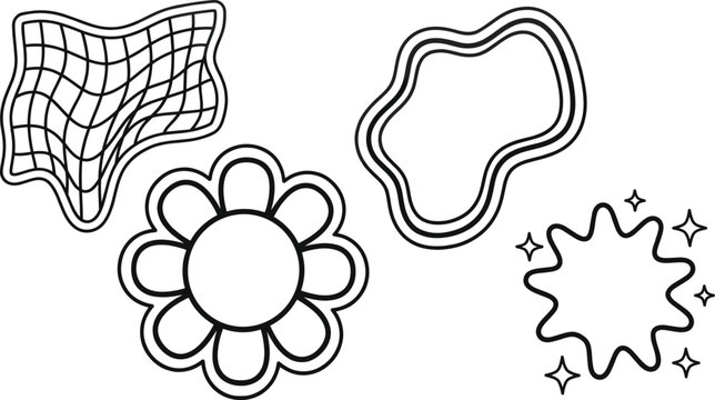 Retro groovy wavy sticker element set with distorted grid daisy flower and generative AI badge borders