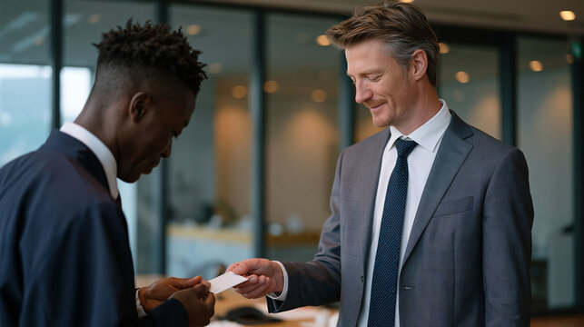 American executive attempting to present business card using one hand to Japanese counterpart who bows and receives with both hands, cultural protocol mismatch frozen in awkward moment inside glass-