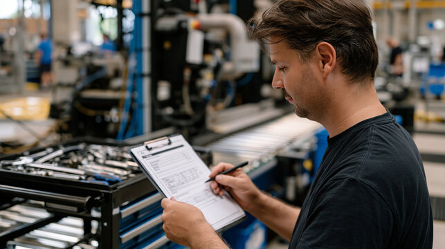 Aftermath of a factory machine changeover &mdash; tools laid out on a maintenance cart beside an idle conveyor section, oil absorbent pads on the floor, a lone technician reviewing the changeover checklis