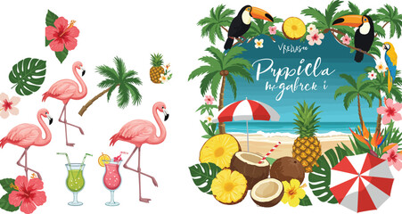 Fototapeta premium A vibrant collection of watercolor tropical elements featuring pink flamingos exotic toucans lush palm leaves hibiscus flowers refreshing cocktails and a sunny beach summer scene