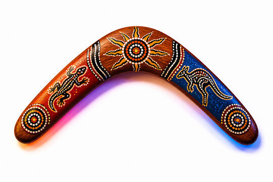 A carved wooden boomerang with intricate Aboriginal art designs is displayed against a white background.