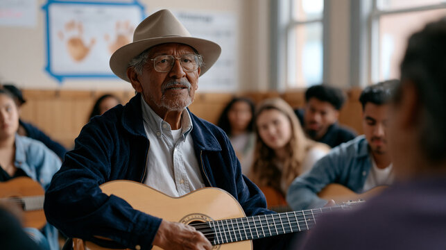 Elderly Bolivian charango player teaching workshop inside Brooklyn community center, students leaning forward with unfamiliar instruments, callus maps drawn on hand diagram taped to wall beside trad