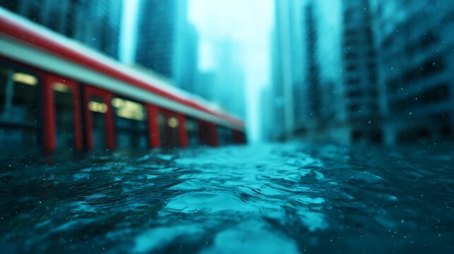 A flooded urban street with a red train on the left and tall buildings blurred in the background under a rainy, overcast sky.
