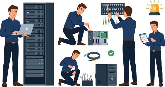 IT Support Technicians Repairing Computer Hardware, Managing Server Racks, and Fixing Network Patch Panels Vector Infrastructure Illustration Set