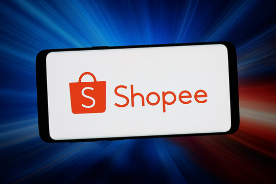 Stuttgart, Germany - 06-10-2026: In this photo illustration, the logo of e-commerce company Shopee Pte. Ltd. is displayed on a smartphone in front of abstract background on computer screen.