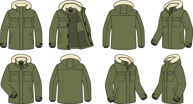 Modern winter parka jacket vector illustration technical sketch template showing front back side perspective views with fur hood for apparel clothing outerwear uniform layout design