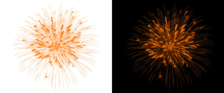 Orange firework burst isolated on white and black backgrounds, vibrant pyrotechnic explosion, festive golden firework display for celebration design