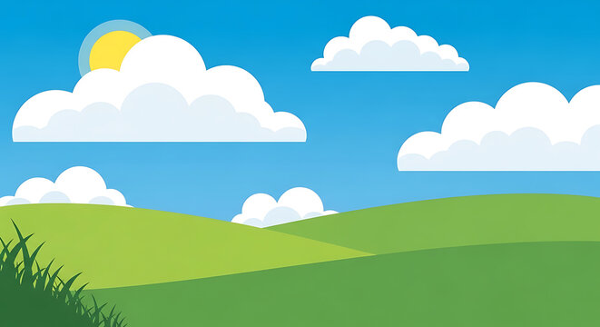 Cartoon vector landscape illustration with rolling green hills and sunny blue sky landscape illustration environment outdoors background