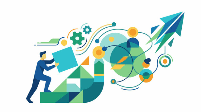 A man pushing a block amidst swirling shapes and a paper plane