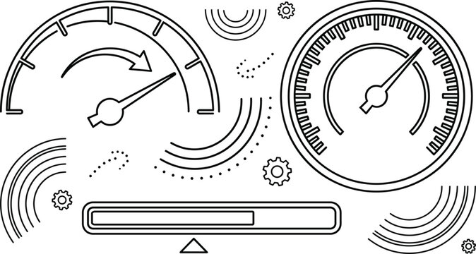 Speedometer gauge dashboard indicator progress bar and gear control line art vector illustration collection for performance optimization