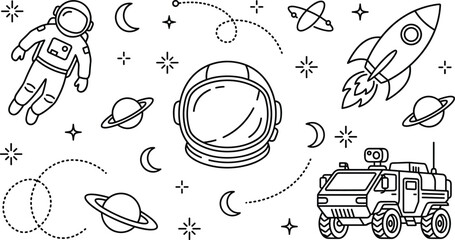 Space exploration line icon set with astronaut helmet rocket ship rover vehicle planets and starry sky © MDBABULU