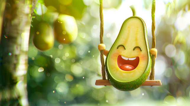 Smiling green avocado character sitting on small swing on bright blurred summer background. Creative playful concept of wellness, organic food promotion, cheerful marketing visual design