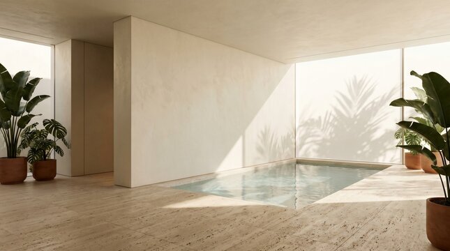 Minimalist indoor pool area with natural light, tropical plants, and sunlit shadows