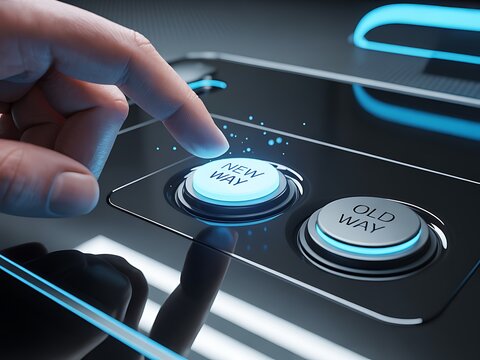 A hand pressing a button labeled new way next to an old way button on a futuristic control panel