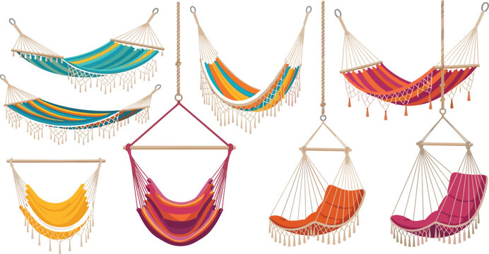 Colorful boho hammock and hanging swing chair vector illustration set for outdoor garden relaxation backyard patio furniture summer vacation camping leisure layout design