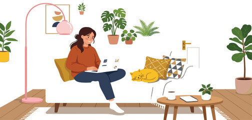 Fototapeta premium Young Woman Working on Laptop at Home on Cozy Sofa with Indoor Plants and Cat, Freelance Work from Home Flat Vector Illustration