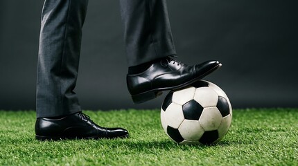 Obraz premium Businessman in formal suit and leather shoes standing with a soccer ball on green grass