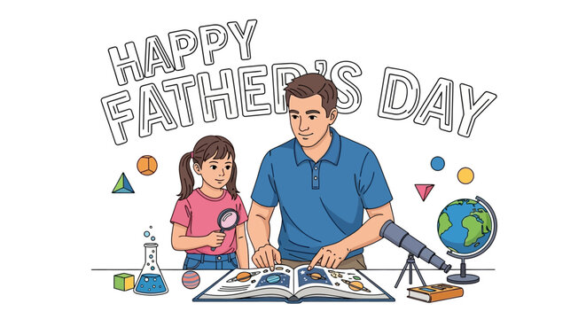 Happy Father's Day celebration with a father and daughter engaged in a science experiment together at a desk