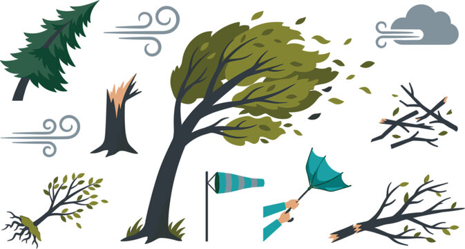 Meteorological Wind Hazard and Property Damage Vector Icon Set with Flying Leaves Broken Tree Stumps Blown Umbrellas and Extreme Storm Warning Graphics