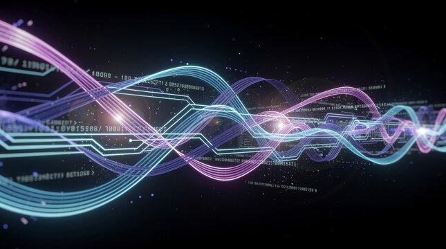 Abstract Digital Network Waves Flowing with Neon Glow