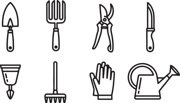 Set of eight classic gardening and cutting tools illustrated as simple line icons Vector