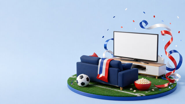 3D illustration of a cozy living room setup for watching sports.